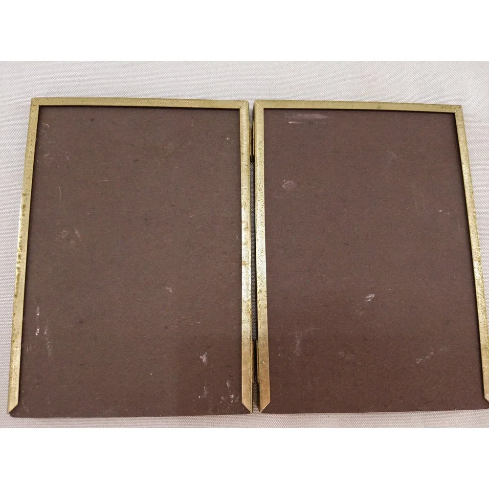 Vintage Folding Double Picture Frame Gold‎ Tone Metal Beaded Edge 5x7 Hinged